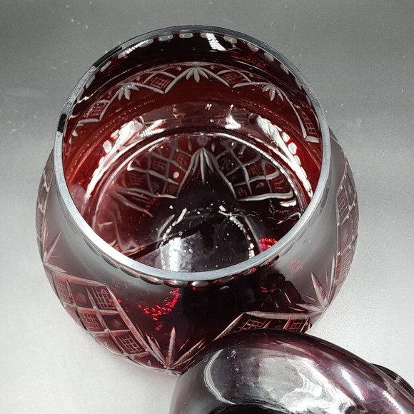 Vintage Bohemian Czech Ruby Red Cut to Clear Glass Canister Jar with Lid 9" tall - Picture 6 of 11